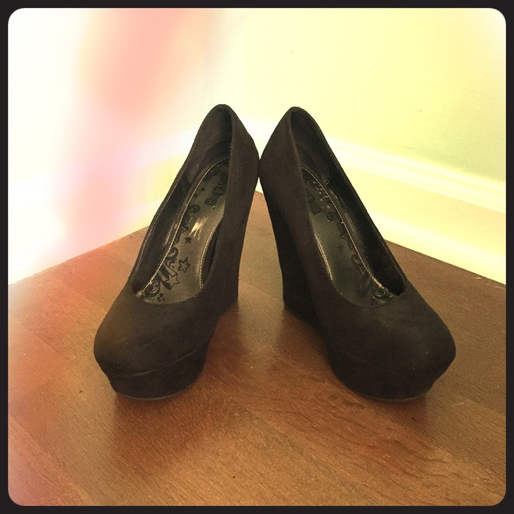 Black suede platform wedge heels